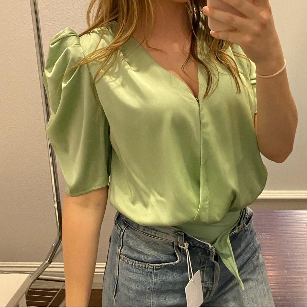sage puff sleeve bodysuit from brand Adelyn Rae